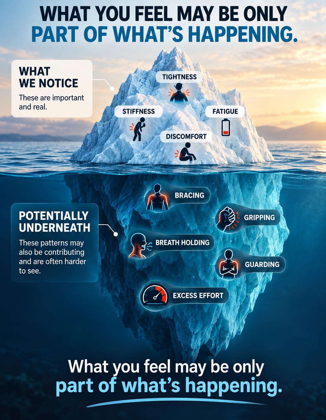 Iceberg illustrating visible symptoms and potentially hidden patterns of bracing, gripping and excess effort
